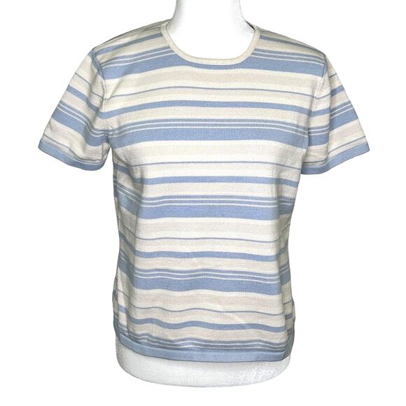 Talbots Blue Beige Cream Striped Cotton Rayon Short Sleeve Sweater - Picture 4 of 7